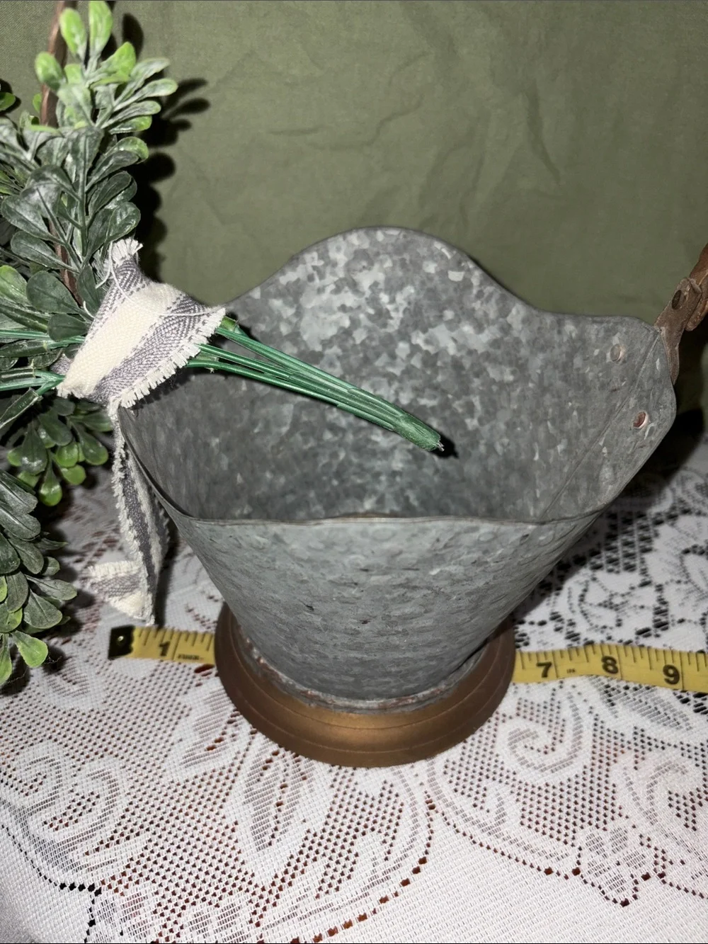 Rustic Gray Metal Bucket with Green Faux Boxwood Accent